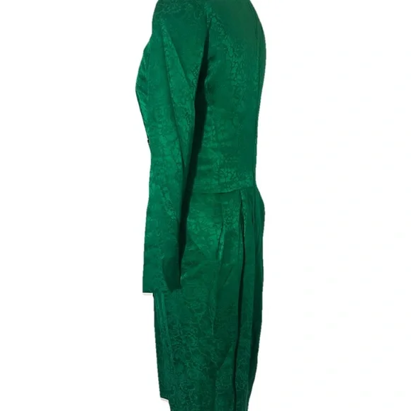Vintage 90s Papéll Silk Green Floral Long Sleeve Pleated Sz 4 Button Midi Dress - Picture 3 of 7
